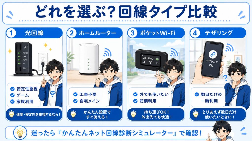 賃貸で光回線工事ができないときに、光回線・ホームルーター・ポケットWi-Fi・テザリングを比較した図解