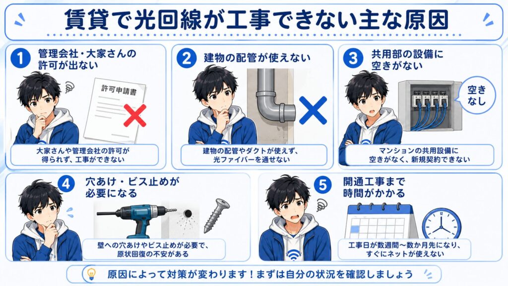 賃貸で光回線が工事できない原因として、管理会社の許可、建物の配管、共用部設備、穴あけ、工事待ちを整理した図解