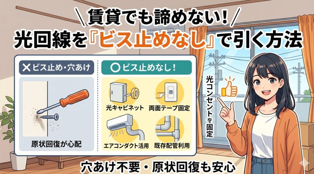 賃貸物件での光回線工事をイメージしたアニメ調のアイキャッチ画像。左側にビス止めや穴あけで原状回復を心配する様子（×）、右側に光キャビネットの両面テープ固定やエアコンダクト活用、既存配管利用でビス止めを避ける方法（〇）がイラストで比較されています。右側には笑顔の日本人女性が指を差して「光コンセントを固定」と提案しています。上部には「賃貸でも諦めない！光回線を『ビス止めなし』で引く方法」という大きな日本語見出しがあります。
