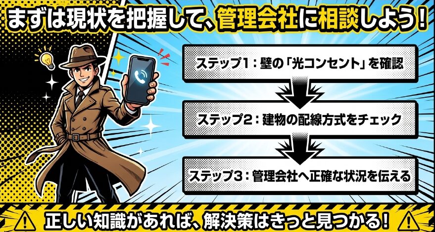 スマホを持って管理会社へ相談する手順（光コンセント確認、配線方式チェック、状況伝達）を説明するイラスト