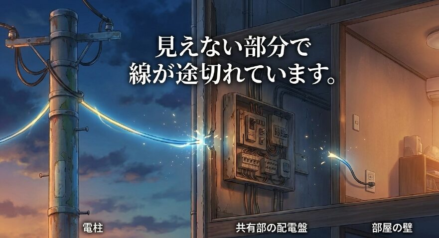 電柱、共有部の配電盤、部屋の壁など見えない部分で光回線の線が途切れているイメージ図
