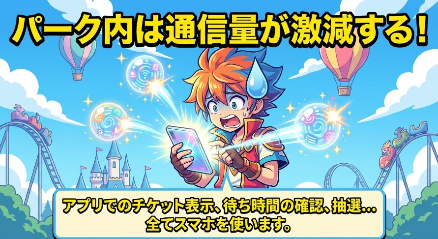 パーク内は通信量が激減する!アプリでのチケット表示や待ち時間の確認など全てスマホを使います