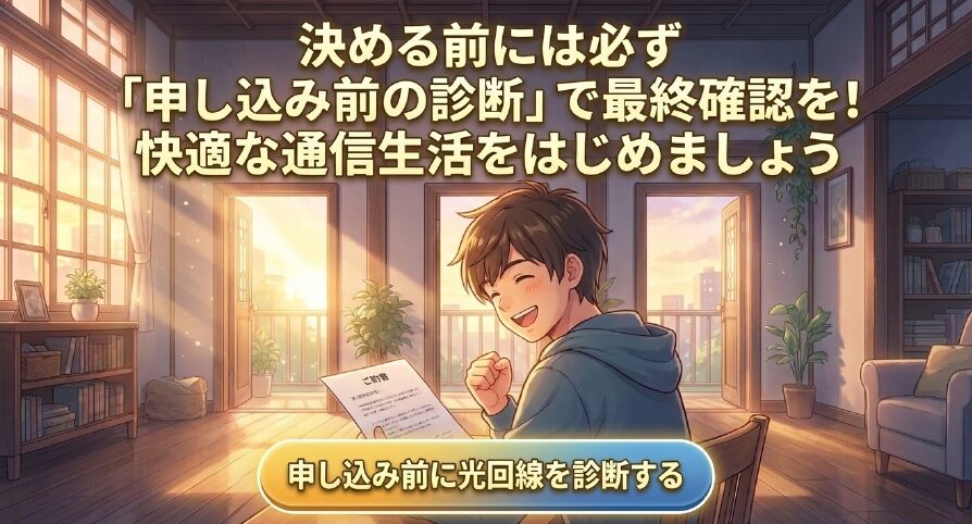 光回線を申し込む前に診断で最終確認をして快適な通信生活を始めるよう促すスライド