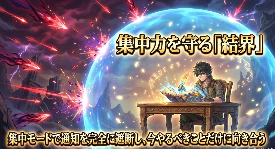 フォーカスモード(集中モード)をオンにしてスマホの通知を完全に遮断し、今やるべき作業への集中力を守る