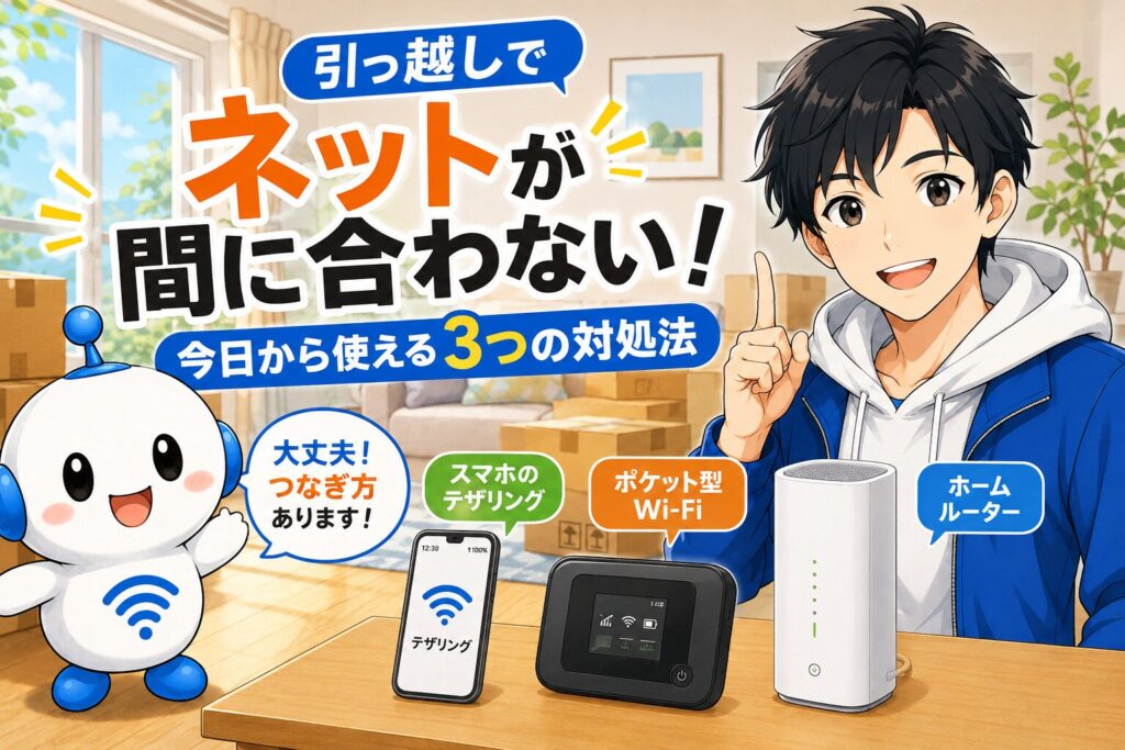 引っ越しでネットが間に合わない時に、yuuとでんぱるがテザリング・ポケット型Wi-Fi・ホームルーターの3つの対処法を案内している