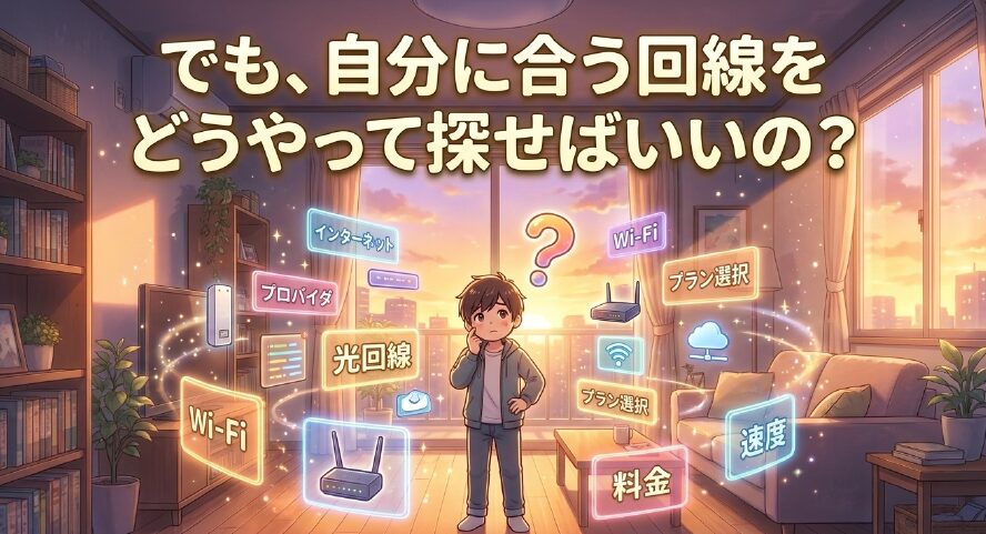 自分に合う光回線の探し方やプラン選択に迷う様子を表したスライド