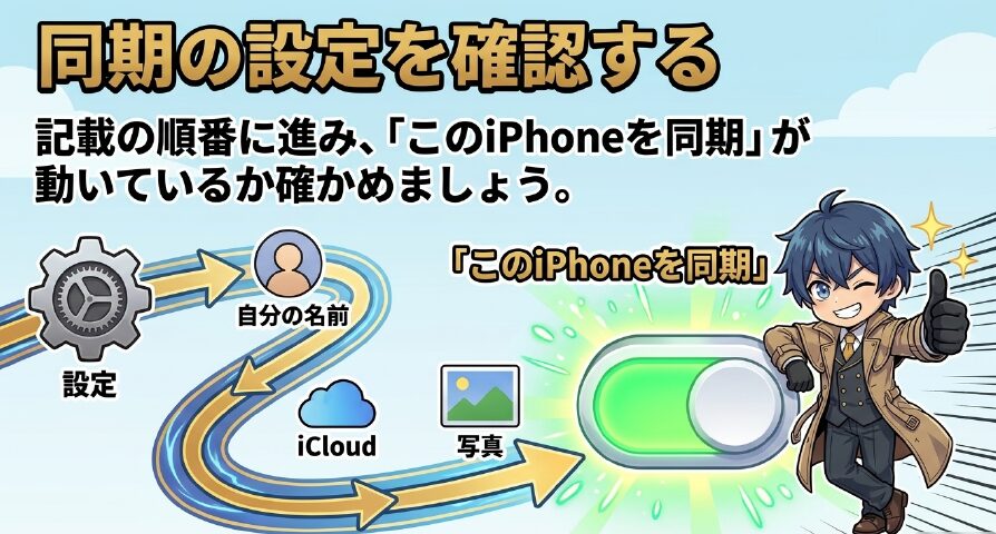 iPhoneの設定からiCloudを開き「このiPhoneを同期」がオンになっているか確認する手順