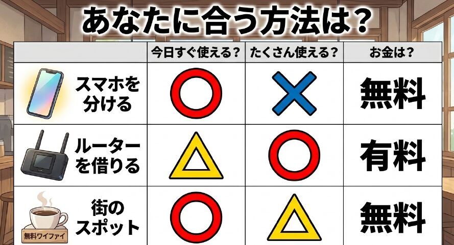 あなたに合う方法は？スマホ、ルーター、無料スポットの早見表