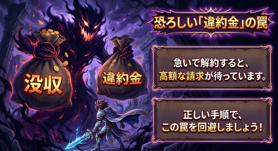 急いで解約すると高額な違約金が請求される恐れがあることを警告するイラスト