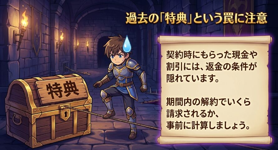 契約時にもらった現金や割引特典には期間内解約による返金条件が隠れていることの注意喚起