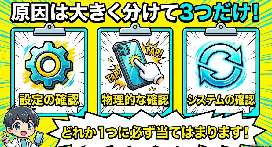 背面タップが反応しない原因は大きく分けて、設定の確認、物理的な確認、システムの確認の3つであることを示すスライド