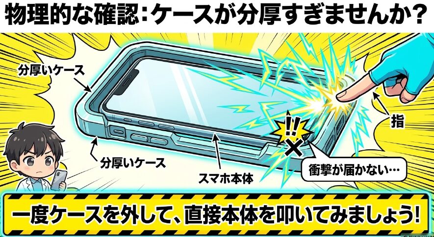 分厚いケースによって衝撃がスマホ本体に届かない状態を図解し、一度ケースを外して試すことを促すスライド