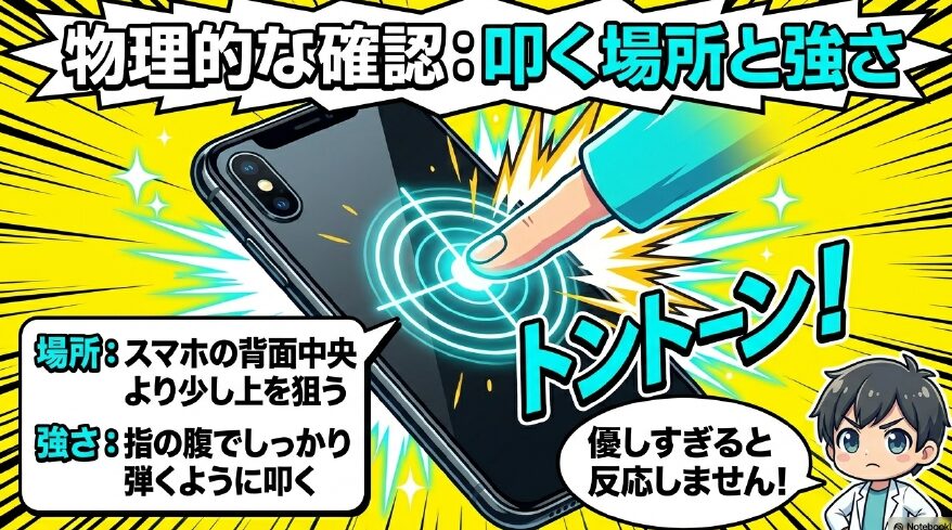 スマホの背面中央より少し上を狙い、指の腹でしっかり弾くように叩くという物理的な確認方法