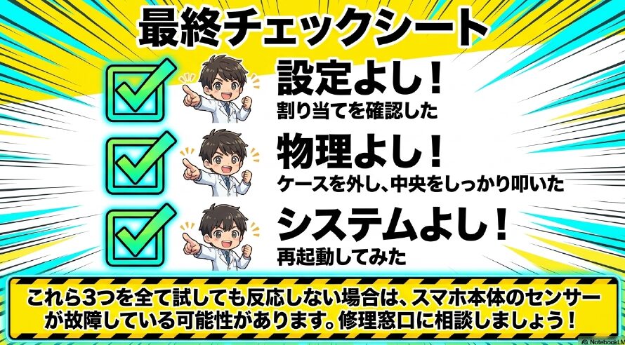 設定、物理、システムの3つを全て試しても反応しない場合は故障の可能性があるため修理窓口に相談することを促す最終チェックシート