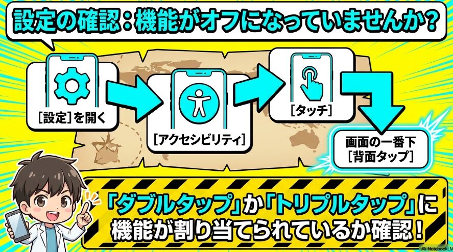 設定アプリのアクセシビリティからタッチを選び、背面タップに機能が割り当てられているか確認する手順