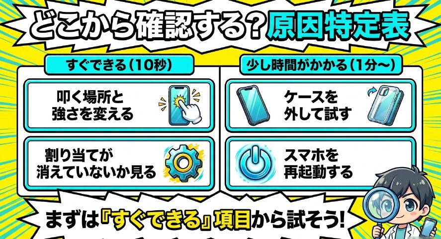 すぐできる設定確認や叩き方の変更と、少し時間がかかるケース外しや再起動に分けた原因特定表