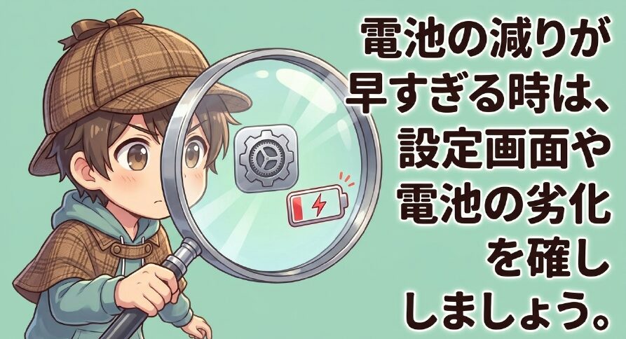 スマホの電池の減りが早すぎる時は設定画面やバッテリーの劣化を確認しましょうという案内