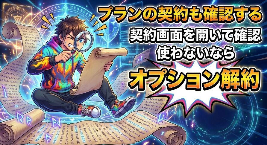 プランの契約画面を開いて留守番電話オプションを解約する手順を示すスライド