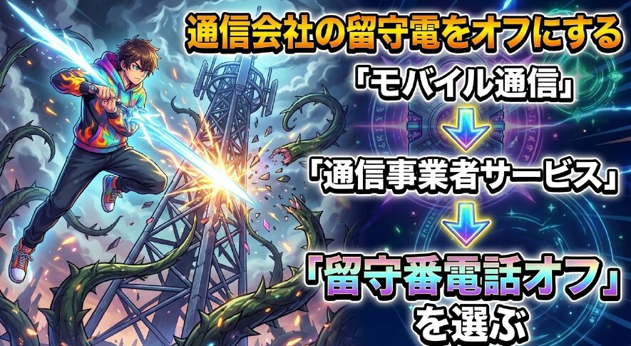 モバイル通信の通信事業者サービスから留守番電話オフを選ぶ手順を示すスライド
