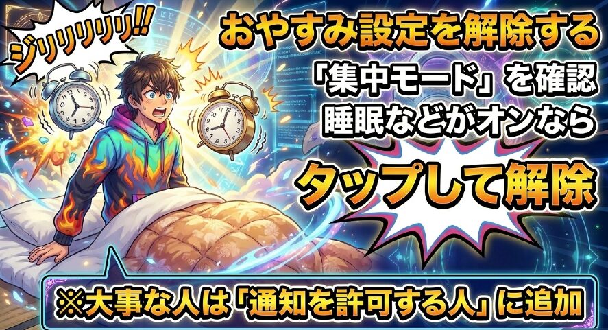 コントロールセンターから睡眠などの集中モードをタップして解除する手順を示すスライド
