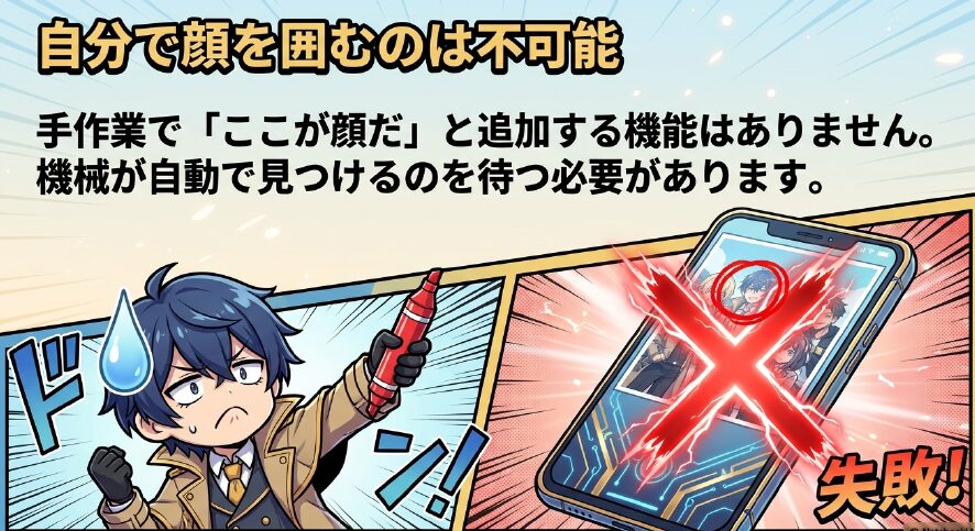 iPhoneの写真アプリには手作業で顔を囲んで人物を追加する機能はないことを示すイラスト