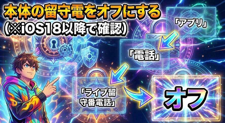 設定アプリから電話のライブ留守番電話をオフにする手順を示すスライド