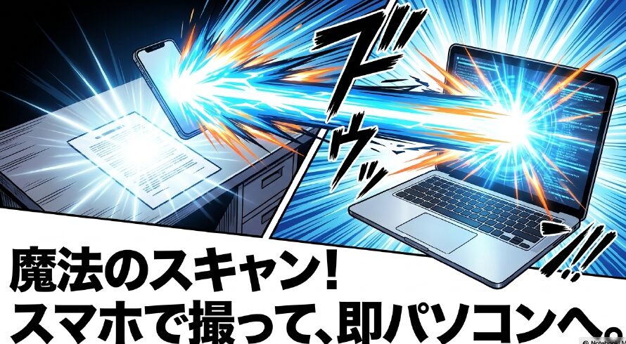 iPhoneのカメラを使って書類をスキャンし、即座にMacへ転送する連係機能のスライド