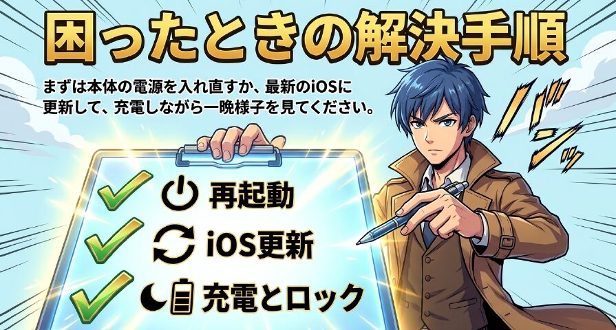 iPhoneでピープルが直らない時に試すべき再起動、iOS更新、充電とロックの手順