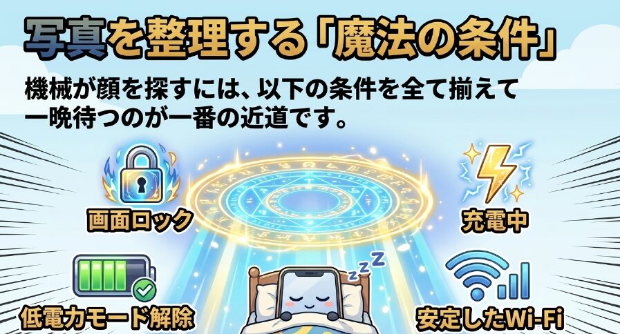 iPhoneで写真の顔認識を進めるための条件（画面ロック、低電力モード解除、充電中、安定したWi-Fi）