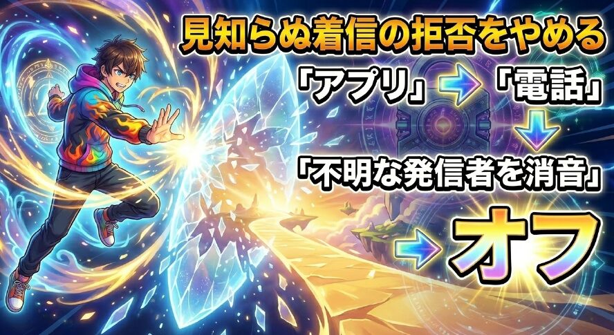 電話アプリの設定から不明な発信者を消音をオフにする手順を示すスライド