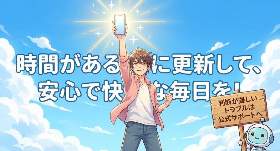 時間がある時にスマホを更新して安心で快適な毎日を送りましょうというメッセージと、判断が難しいトラブルは公式サポートへ案内するテキスト