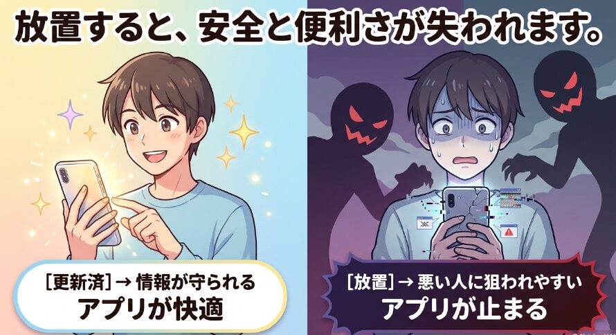 スマホのアップデートを放置すると悪い人に狙われやすくアプリが止まること、更新すると情報が守られ快適になることを比較した図解