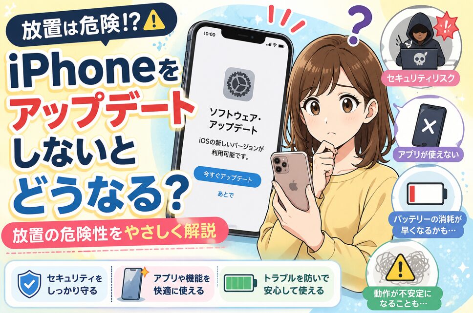iPhoneをアップデートしないとどうなるのか不安に感じる日本人女性と、セキュリティリスクやアプリ不具合を表したアニメ調のアイキャッチ画像
