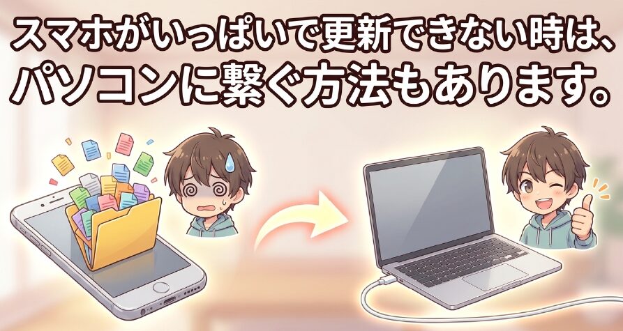 iPhoneの容量がいっぱいでアップデートできない時にパソコンを使って更新する方法を提案する笑顔の男の子とノートパソコンのイラスト