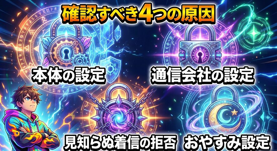 本体の設定、通信会社の設定、見知らぬ着信の拒否、おやすみ設定の4つの原因を示すスライド