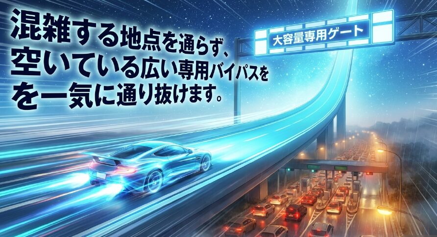 「大容量専用ゲート」と書かれた高架の専用バイパスを、青く光る車が高速で走り抜けるイラスト