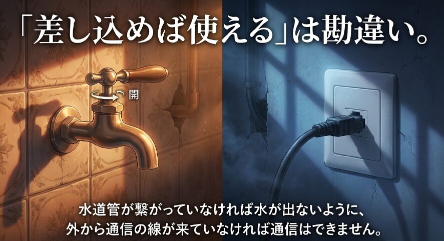 光コンセントは通信の線が来ていなければ使えないことを水道管に例えた図