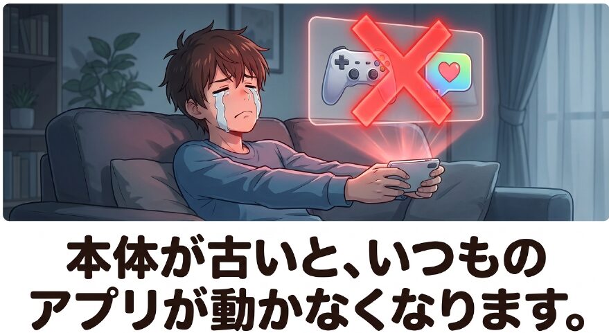 iPhone本体のiOSが古いと普段使っているアプリが動かなくなることを示す説明