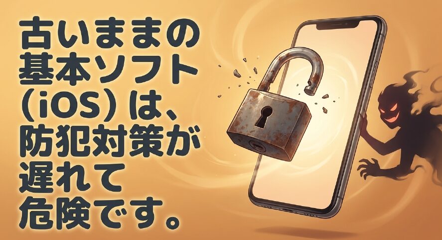 古いままのiPhoneのiOSを使い続けると防犯対策が遅れて危険であることを伝える警告テキスト