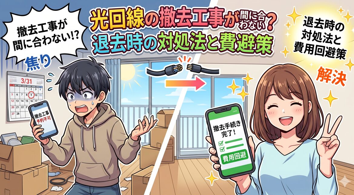 光回線の撤去工事が間に合わなくて焦る男性と、無事に手続きを完了して笑顔の女性を描いたアニメ調のイラスト。退去時の対処法と費用回避策というタイトルテキストが含まれています。