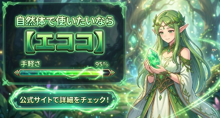 自然体で使いたいなら【エココ】。手軽さ95%の評価と、公式サイトで詳細をチェックの案内スライド
