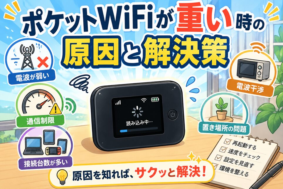 ポケットWiFiが重い原因として電波の弱さ、通信制限、電波干渉、接続台数、置き場所の問題をアニメ調で示したアイキャッチ画像