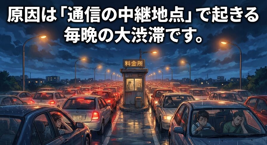 雨の夜、料金所で大渋滞している車の長い列のイラスト。インターネットの中継地点（網終端装置）で発生する通信混雑を表現した比喩
