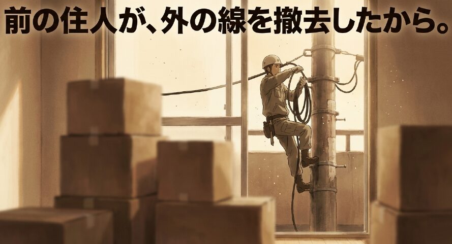 前の住人が退去時に外の光回線を撤去したことを説明するスライド