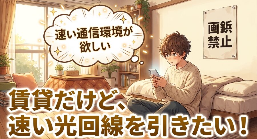 賃貸物件で速い光回線を引きたいが、壁に穴を開けることによる退去費用を心配している様子を表したスライド画像