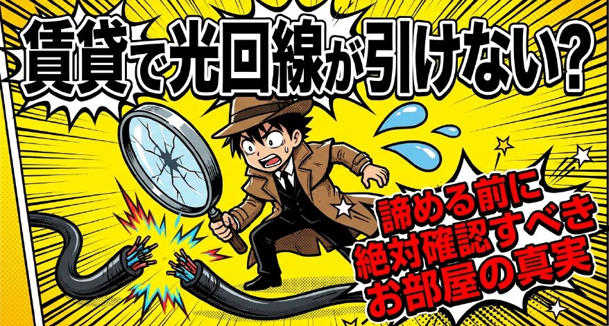 虫眼鏡を持った探偵が切断された光ケーブルに驚いているイラスト。「賃貸で光回線が引けない？諦める前に絶対確認すべきお部屋の真実」というタイトル文字
