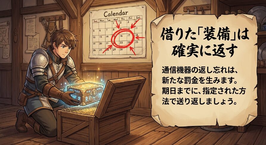 通信機器の返し忘れによる罰金を防ぐため、期日までの返却を促す画像
