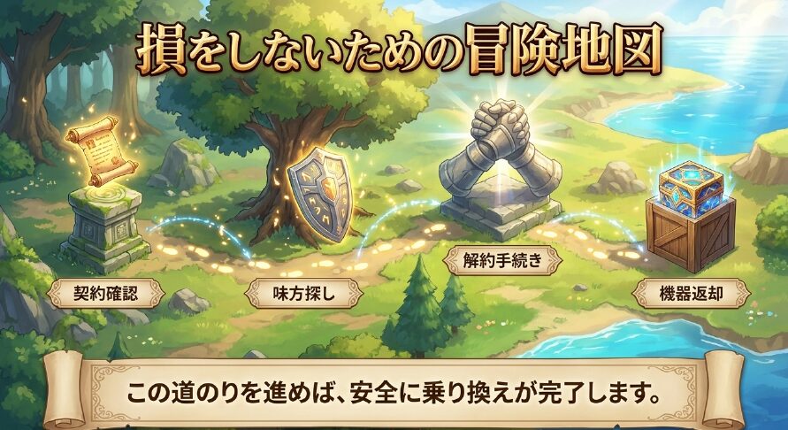 契約確認や機器返却など、安全に乗り換えを完了させるための手順マップ