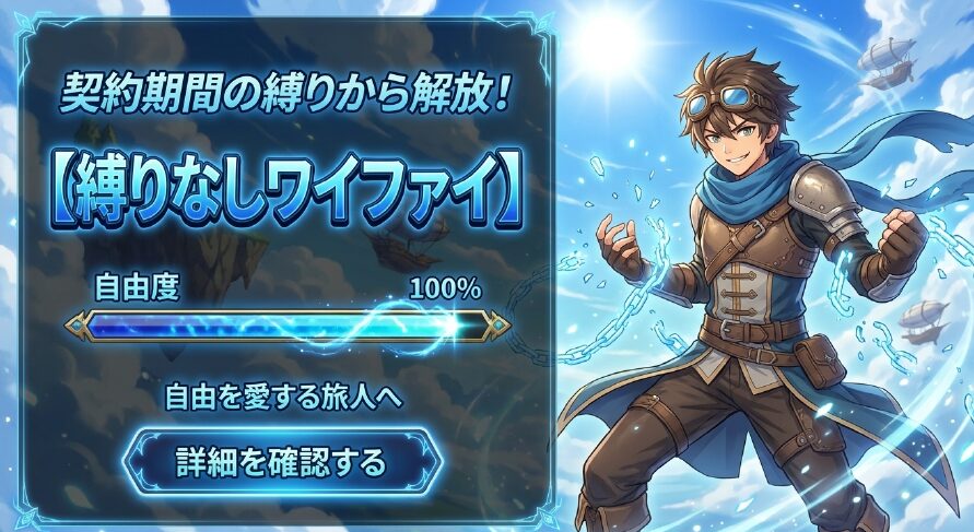 契約期間の縛りから解放!【縛りなしワイファイ】。自由度100%で自由を愛する旅人へ向けた紹介スライド