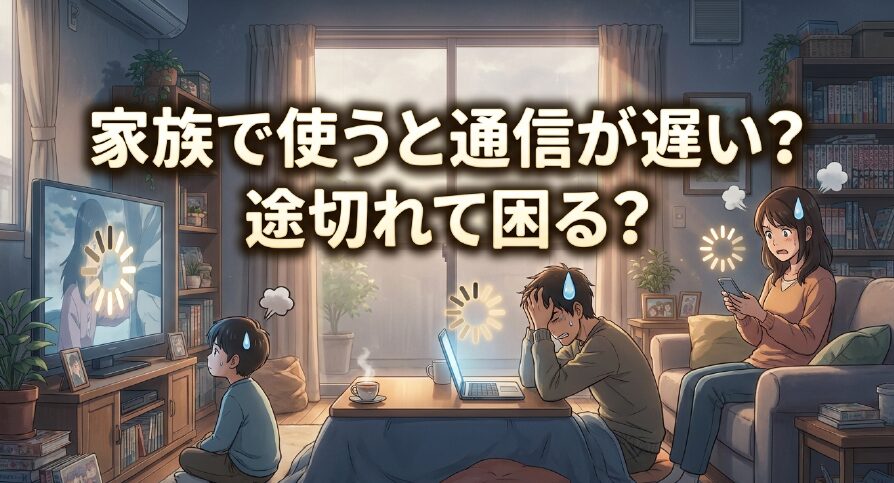 家族でインターネットを使うと通信が遅い・途切れるという悩みを表したスライド